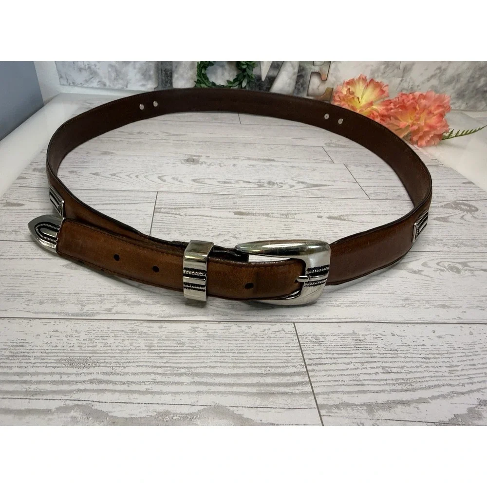 Vintage Brown Silver Tone Buckle Mens Belt Top Grain Leather Size 42 Fits to 44